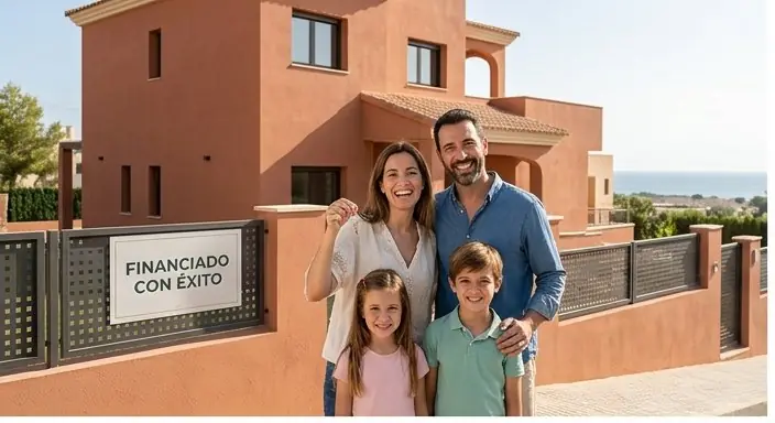 Familia ante su vivienda financiada en la costa española